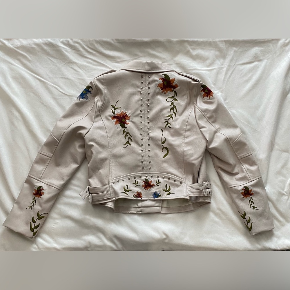 Faux Leather Embroidered Floral Beige Jacket with studs - Picture 2 of 7